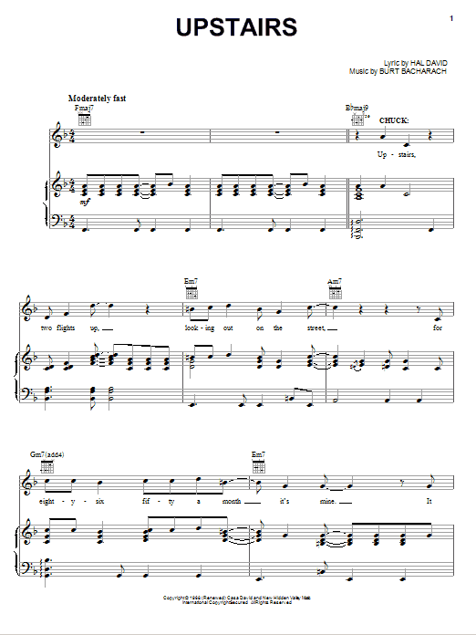 Bacharach & David Upstairs Sheet Music Notes & Chords for Piano, Vocal & Guitar (Right-Hand Melody) - Download or Print PDF