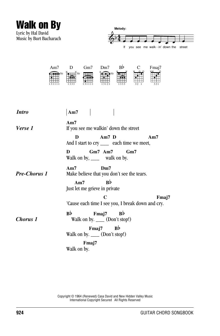 Bacharach & David Walk On By Sheet Music Notes & Chords for Lyrics & Chords - Download or Print PDF