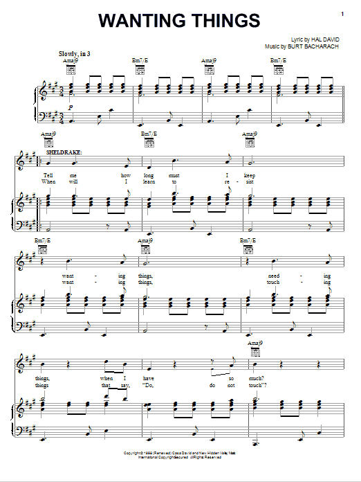 Bacharach & David Wanting Things Sheet Music Notes & Chords for Piano, Vocal & Guitar (Right-Hand Melody) - Download or Print PDF
