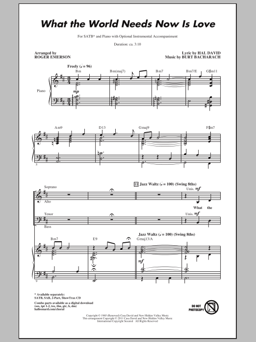 Roger Emerson What The World Needs Now Is Love Sheet Music Notes & Chords for SATB - Download or Print PDF