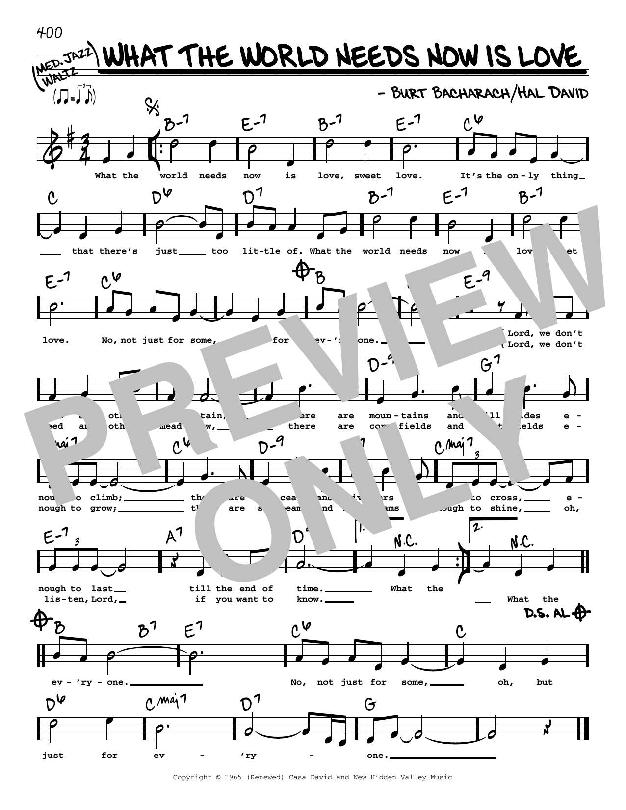 Bacharach & David What The World Needs Now Is Love (High Voice) Sheet Music Notes & Chords for Real Book – Melody, Lyrics & Chords - Download or Print PDF