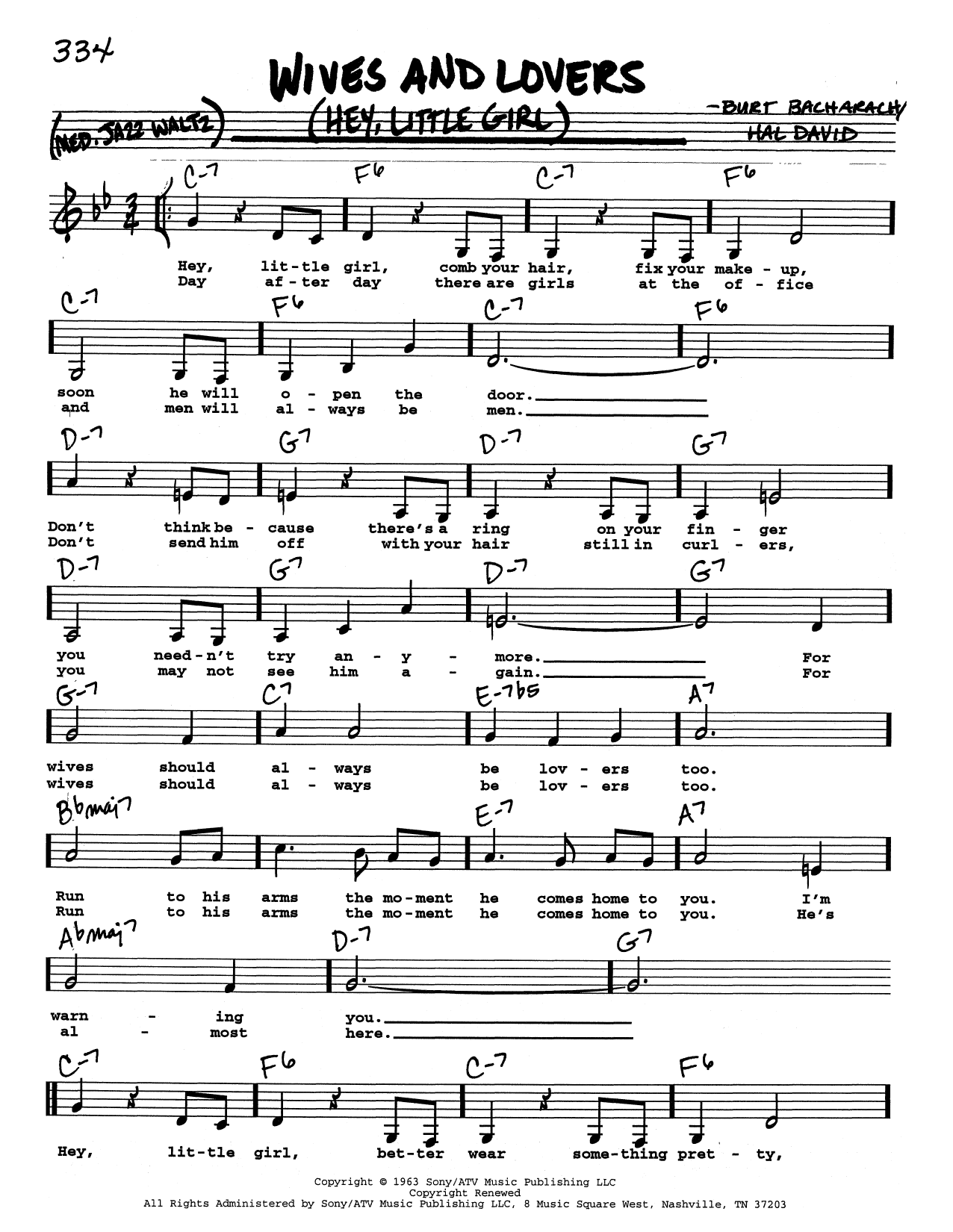 Bacharach & David Wives And Lovers (Hey, Little Girl) (Low Voice) Sheet Music Notes & Chords for Real Book – Melody, Lyrics & Chords - Download or Print PDF