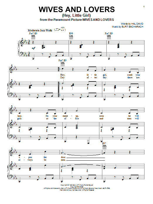 Bacharach & David Wives And Lovers (Hey, Little Girl) Sheet Music Notes & Chords for Piano, Vocal & Guitar (Right-Hand Melody) - Download or Print PDF