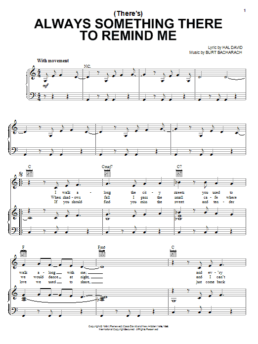 Preview Bacharach & David (There's) Always Something There To Remind Me Easy Listening sheet music, notes and chords for Piano, Vocal & Guitar (Right-Hand Melody), SKU: 36369 (There's) Always Something There To Remind Me sheet music