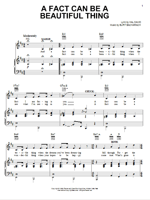Preview Bacharach & David A Fact Can Be A Beautiful Thing Broadway sheet music, notes and chords for Piano, Vocal & Guitar (Right-Hand Melody), SKU: 76963 A Fact Can Be A Beautiful Thing sheet music