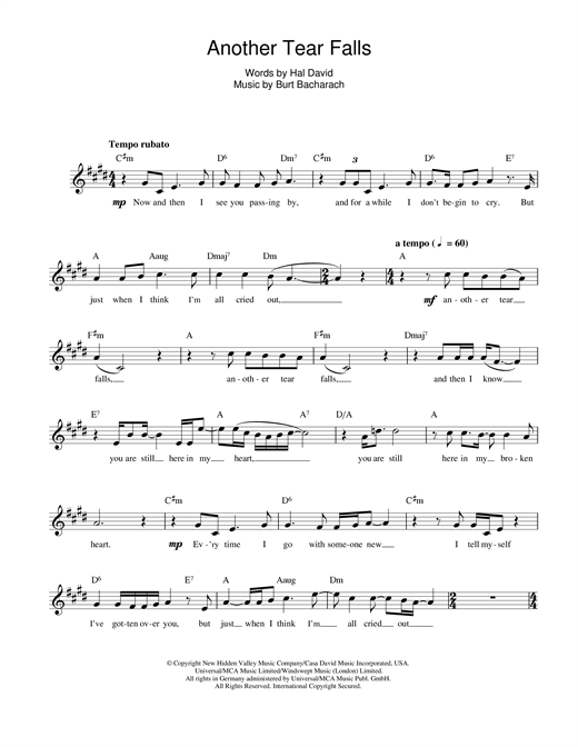 Preview Bacharach & David Another Tear Falls Pop sheet music, notes and chords for Melody Line, Lyrics & Chords, SKU: 13943 Another Tear Falls sheet music