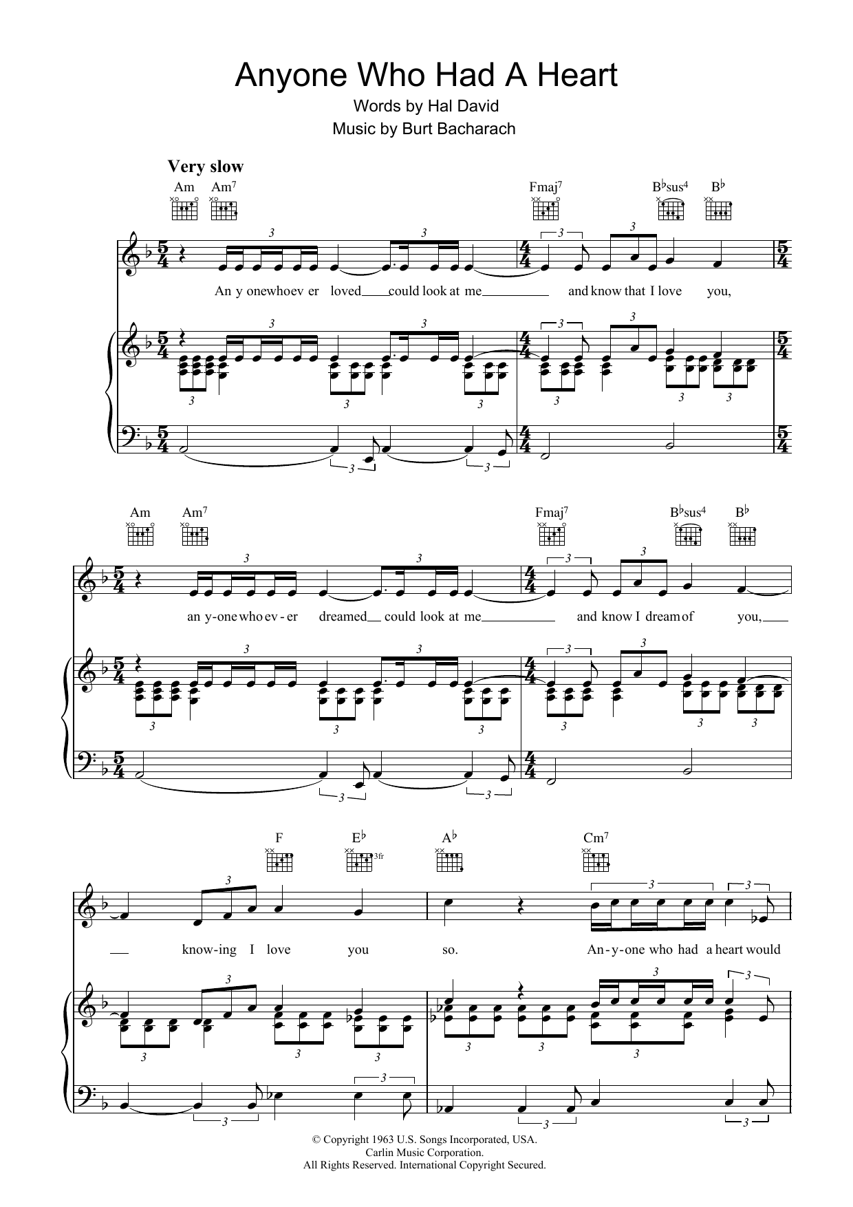 Preview Bacharach & David Anyone Who Had A Heart Easy Listening sheet music, notes and chords for Piano, Vocal & Guitar (Right-Hand Melody), SKU: 36367 Anyone Who Had A Heart sheet music