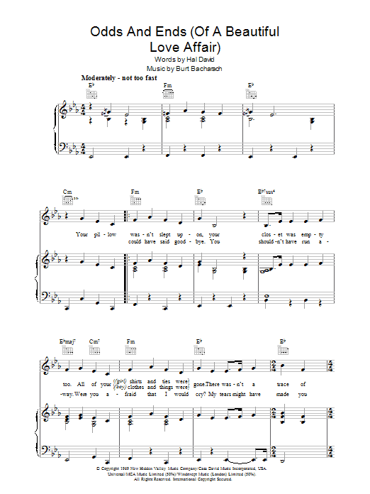 Preview Bacharach & David Odds And Ends (Of A Beautiful Love Affair) Easy Listening sheet music, notes and chords for Piano, Vocal & Guitar (Right-Hand Melody), SKU: 36371 Odds And Ends (Of A Beautiful Love Affair) sheet music