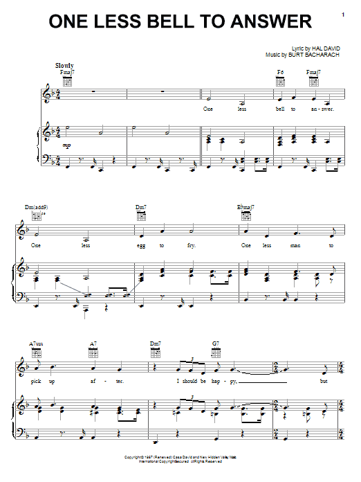 Preview Bacharach & David One Less Bell To Answer Easy Listening sheet music, notes and chords for Piano, Vocal & Guitar (Right-Hand Melody), SKU: 36373 One Less Bell To Answer sheet music