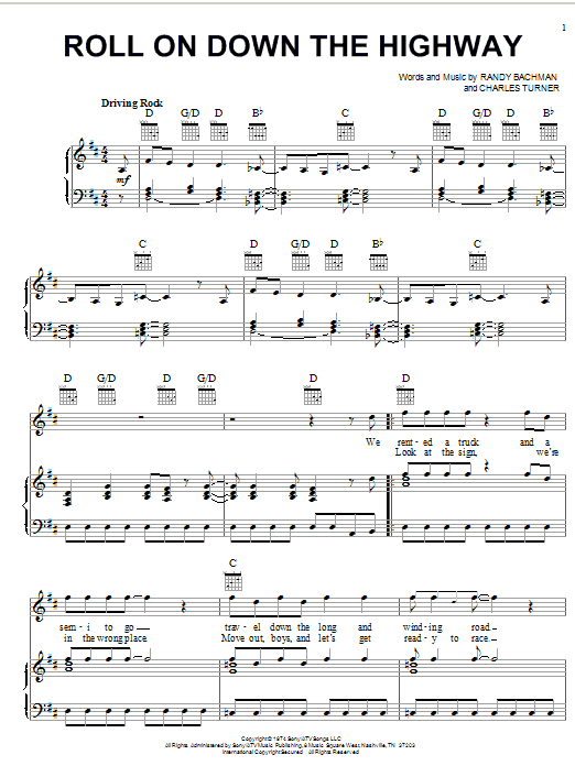 Bachman-Turner Overdrive Roll On Down The Highway Sheet Music Notes & Chords for Piano, Vocal & Guitar (Right-Hand Melody) - Download or Print PDF