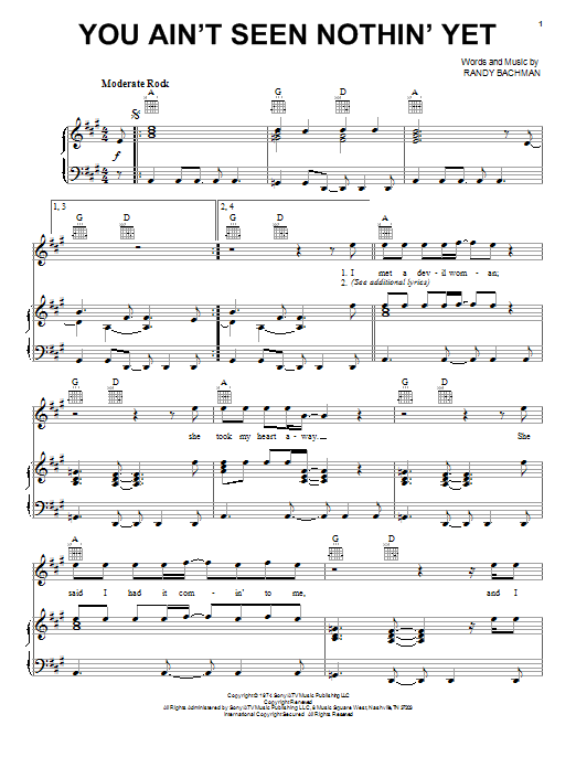Bachman-Turner Overdrive You Ain't Seen Nothin' Yet Sheet Music Notes & Chords for Melody Line, Lyrics & Chords - Download or Print PDF
