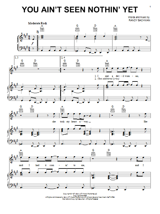 Preview Bachman-Turner Overdrive You Ain't Seen Nothin' Yet Rock sheet music, notes and chords for Melody Line, Lyrics & Chords, SKU: 188136 You Ain't Seen Nothin' Yet sheet music