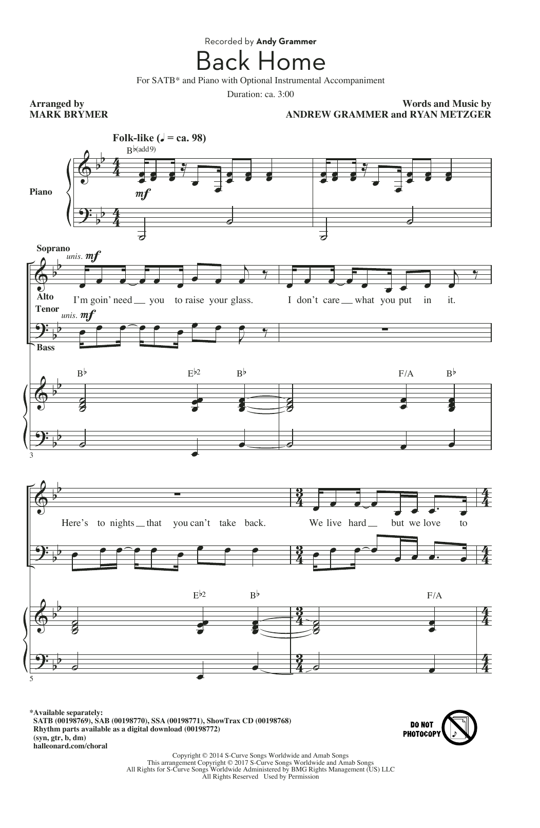 Andy Grammer Back Home Arr Mark Brymer Sheet Music Download Pdf Score 178977