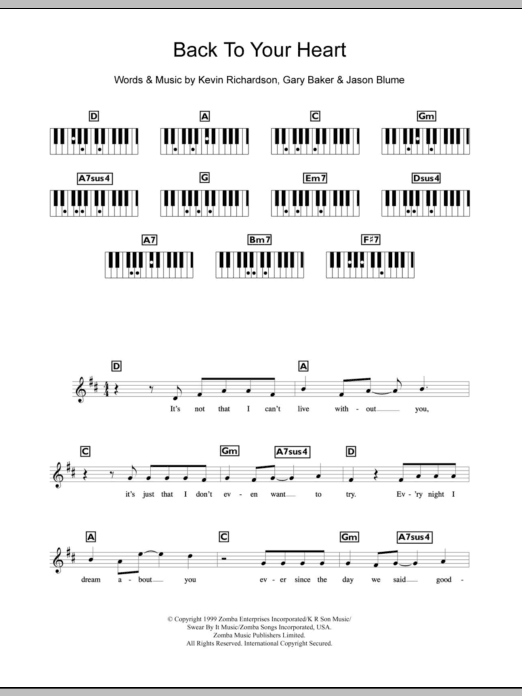 Backstreet Boys Back To Your Heart Sheet Music Notes & Chords for Keyboard - Download or Print PDF
