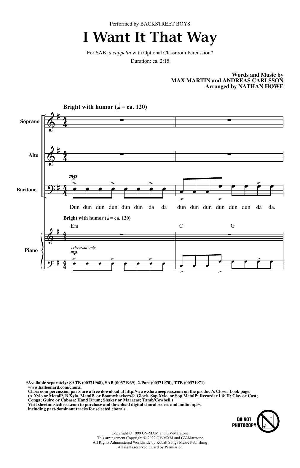Backstreet Boys I Want It That Way (arr. Nathan Howe) Sheet Music Notes & Chords for 2-Part Choir - Download or Print PDF