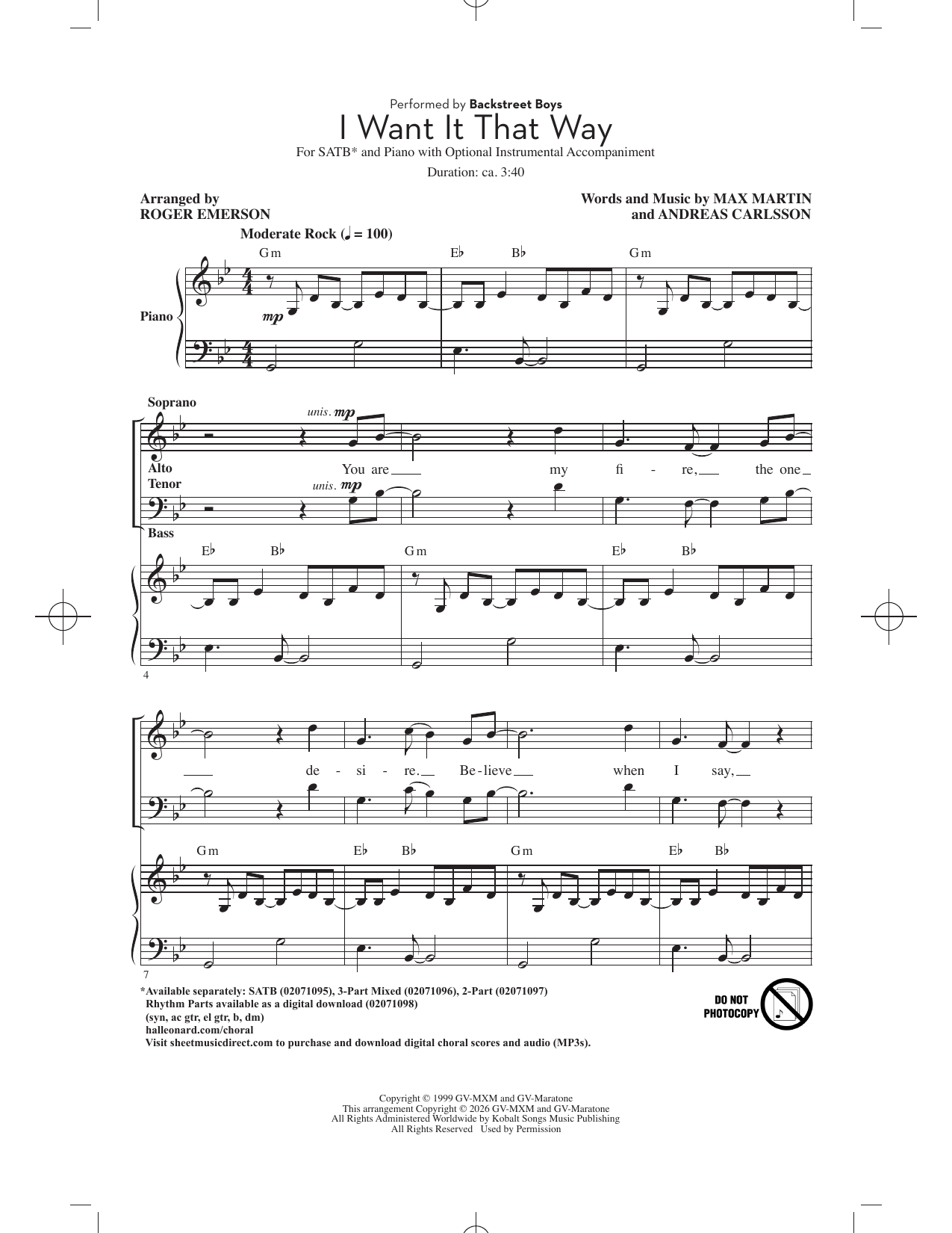 Backstreet Boys I Want It That Way (arr. Roger Emerson) Sheet Music Notes & Chords for SATB Choir - Download or Print PDF