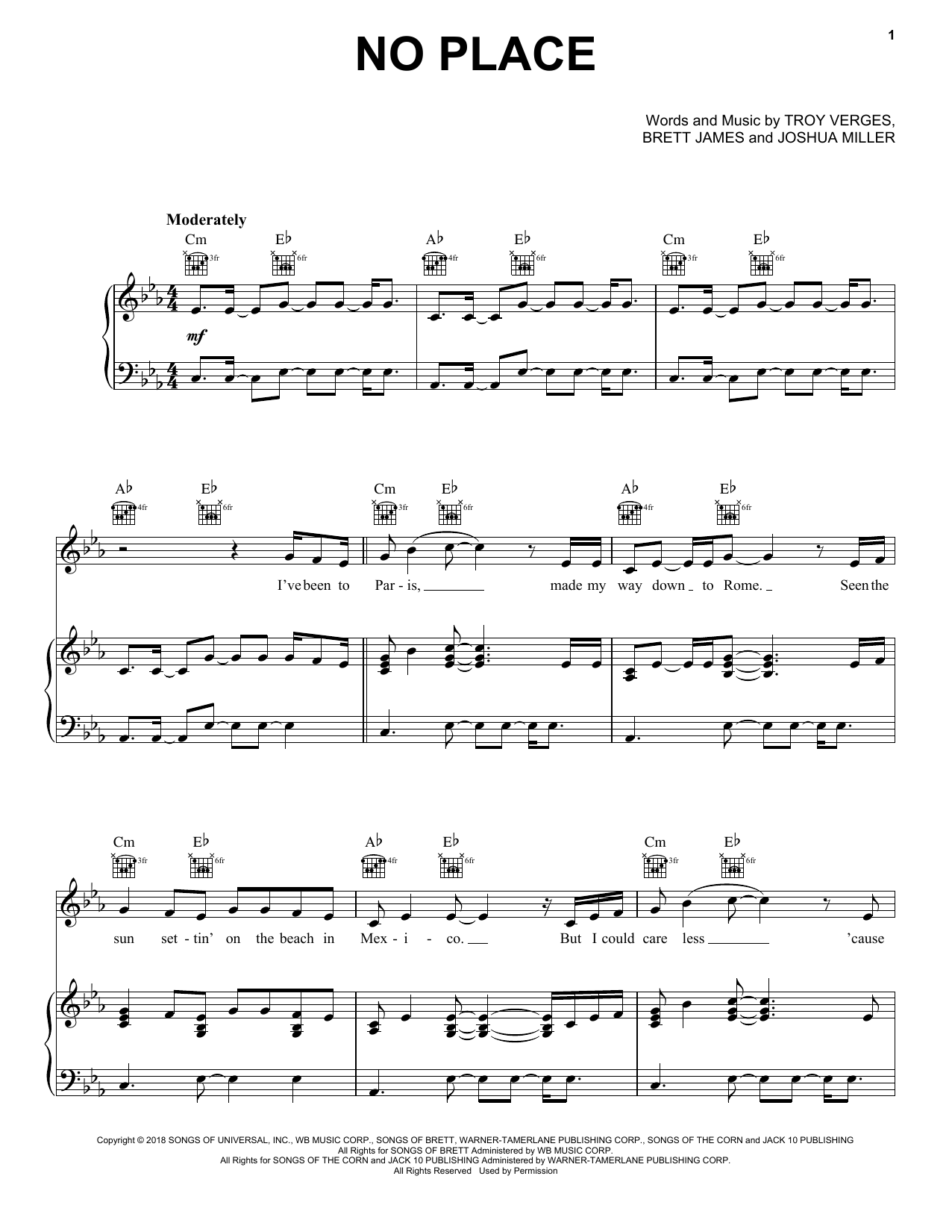 Backstreet Boys No Place Sheet Music Notes & Chords for Piano, Vocal & Guitar (Right-Hand Melody) - Download or Print PDF