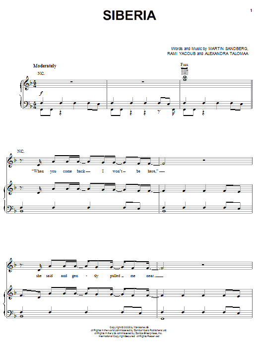 Backstreet Boys Siberia Sheet Music Notes & Chords for Piano, Vocal & Guitar (Right-Hand Melody) - Download or Print PDF