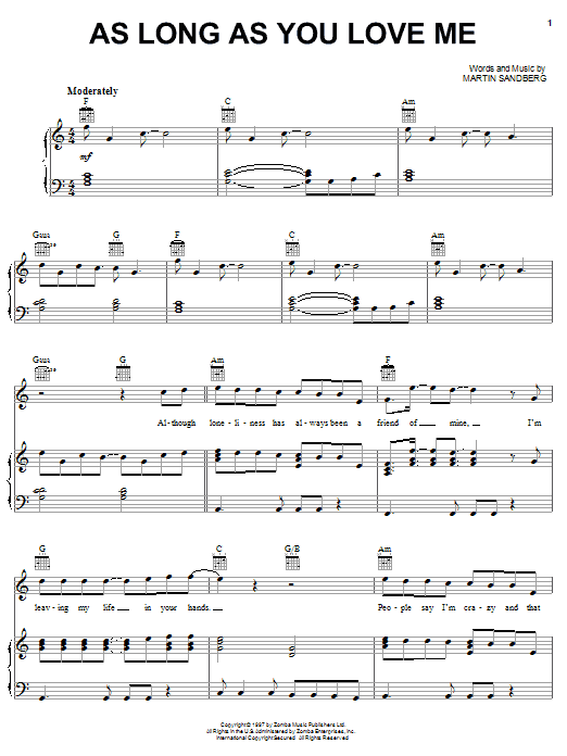 Preview Backstreet Boys As Long As You Love Me Pop sheet music, notes and chords for Melody Line, Lyrics & Chords, SKU: 13952 sheet music, piano notes, chords, guitar tabs, score, transpose, transcribe, how to play, guide, download, learn, tutorial, progression, song, artist, awards, billboard, mtv, vh1, tour, single, album, release
