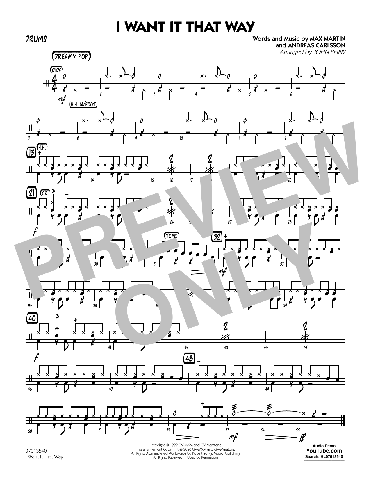 Backstreet Boys I Want It That Way Arr John Berry Drums Sheet Music Notes Download Pdf Score Printable