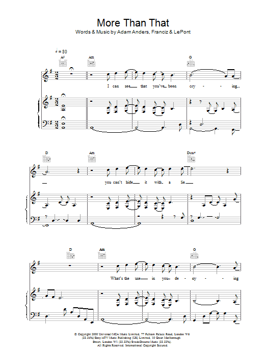 Preview Backstreet Boys More Than That Pop sheet music, notes and chords for Piano, Vocal & Guitar, SKU: 18434 More Than That sheet music