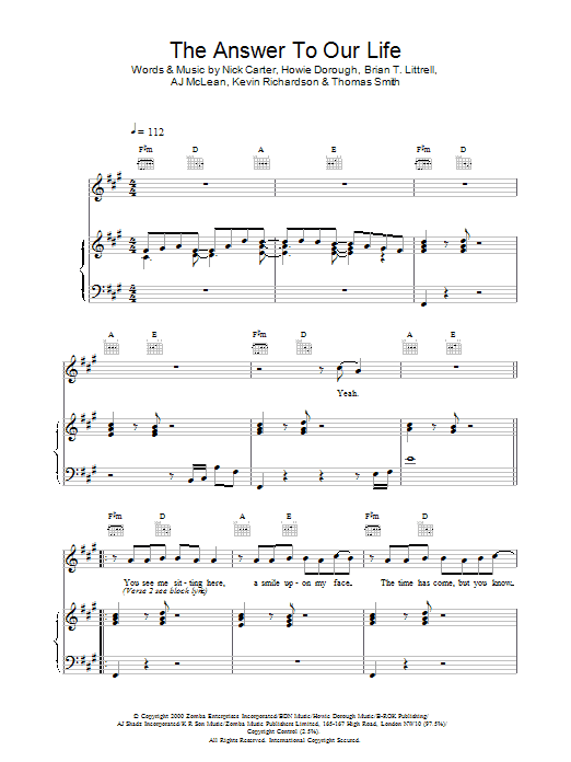 Preview Backstreet Boys The Answer To Our Life Pop sheet music, notes and chords for Piano, Vocal & Guitar, SKU: 18432 The Answer To Our Life sheet music