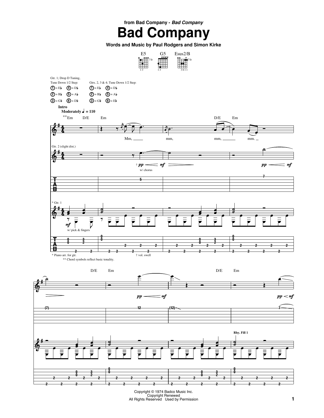 Bad Company Bad Company Sheet Music Notes & Chords for Guitar Tab - Download or Print PDF