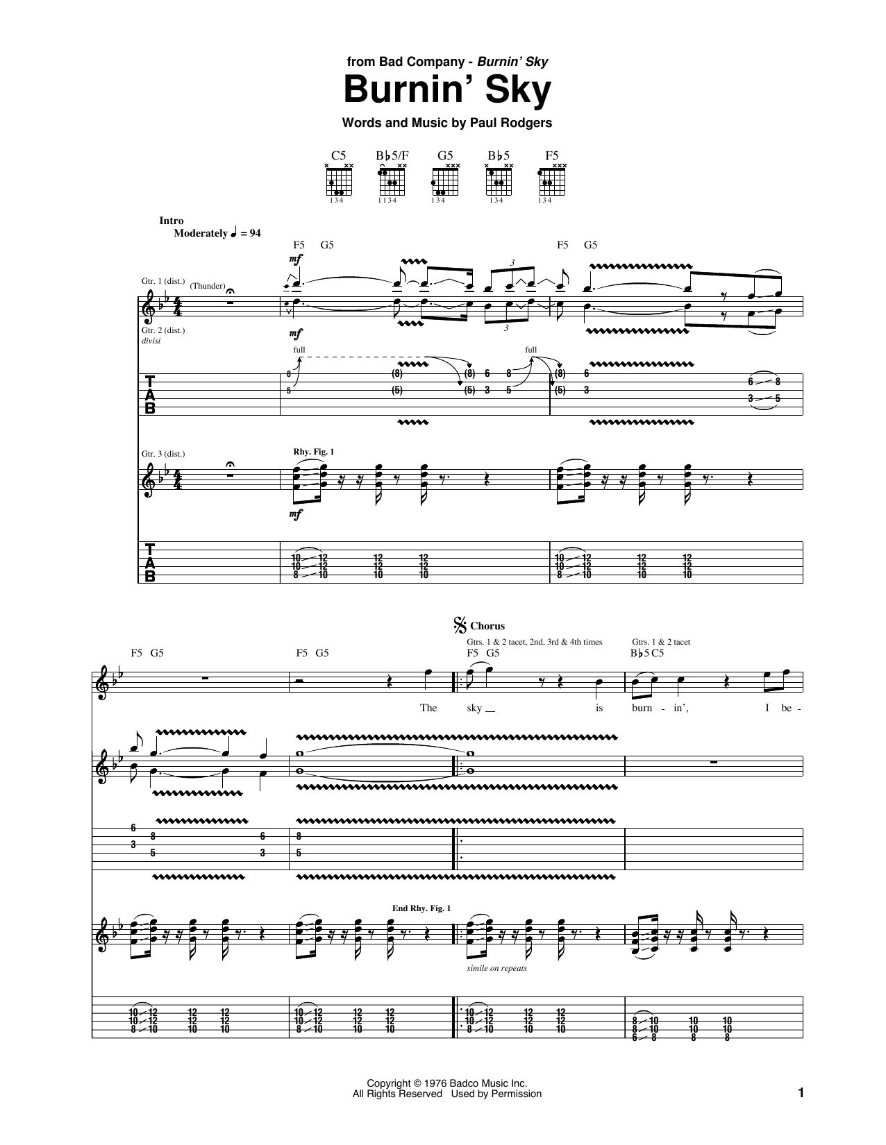 Bad Company Burnin' Sky Sheet Music Notes & Chords for Guitar Tab - Download or Print PDF