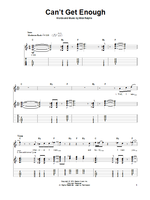 Bad Company Can't Get Enough Sheet Music Notes & Chords for Guitar Tab Play-Along - Download or Print PDF