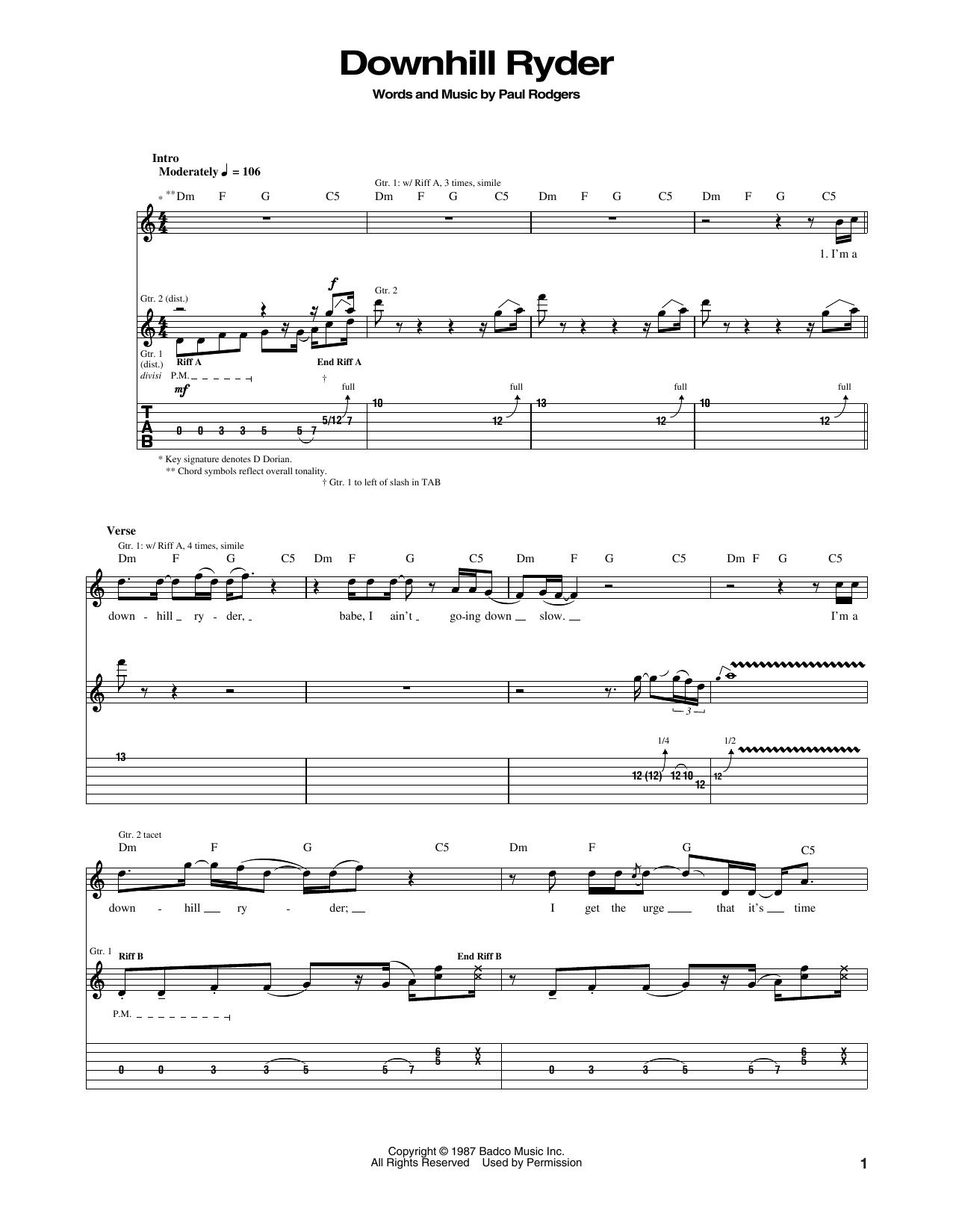 Bad Company Downhill Ryder Sheet Music Notes & Chords for Guitar Tab - Download or Print PDF