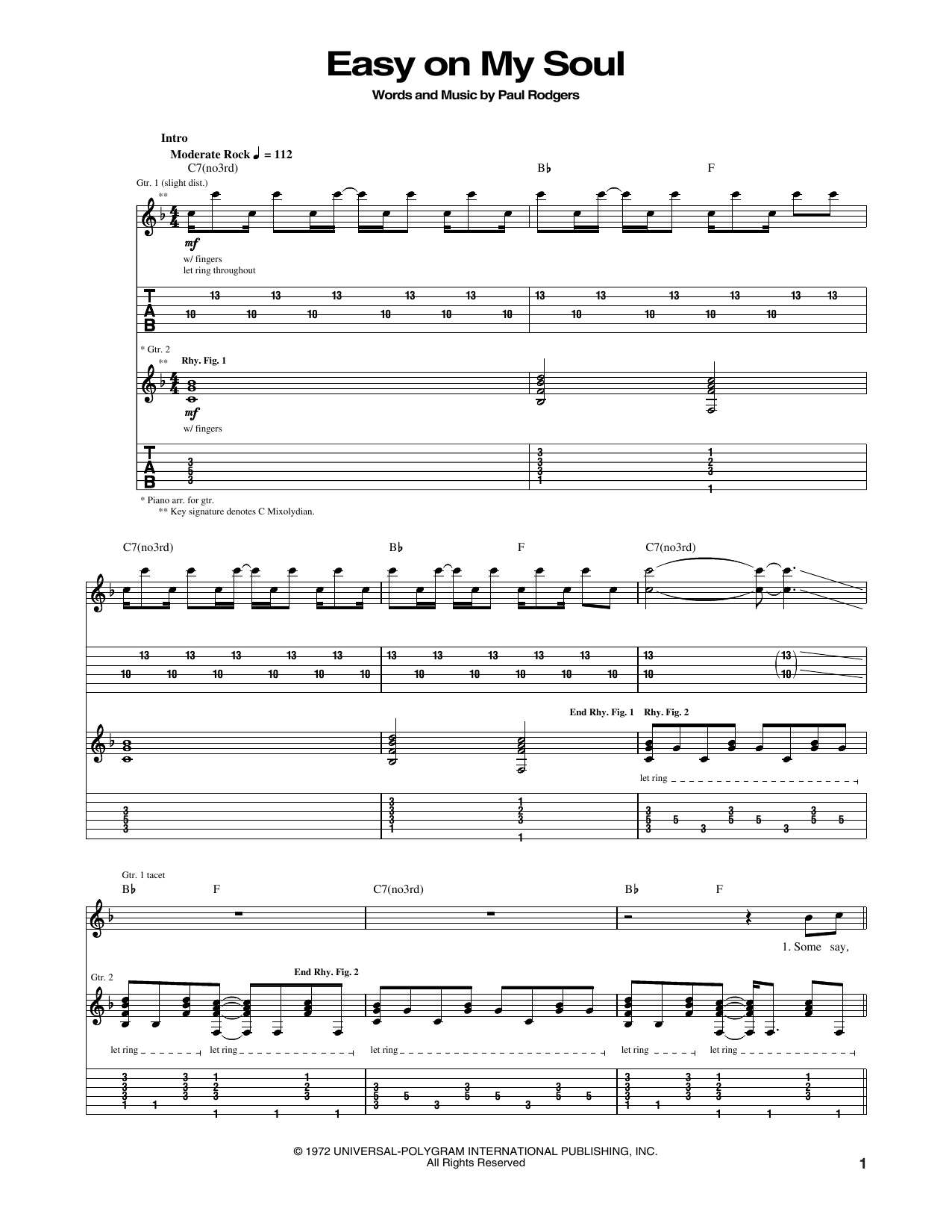 Bad Company Easy On My Soul Sheet Music Notes & Chords for Guitar Tab - Download or Print PDF