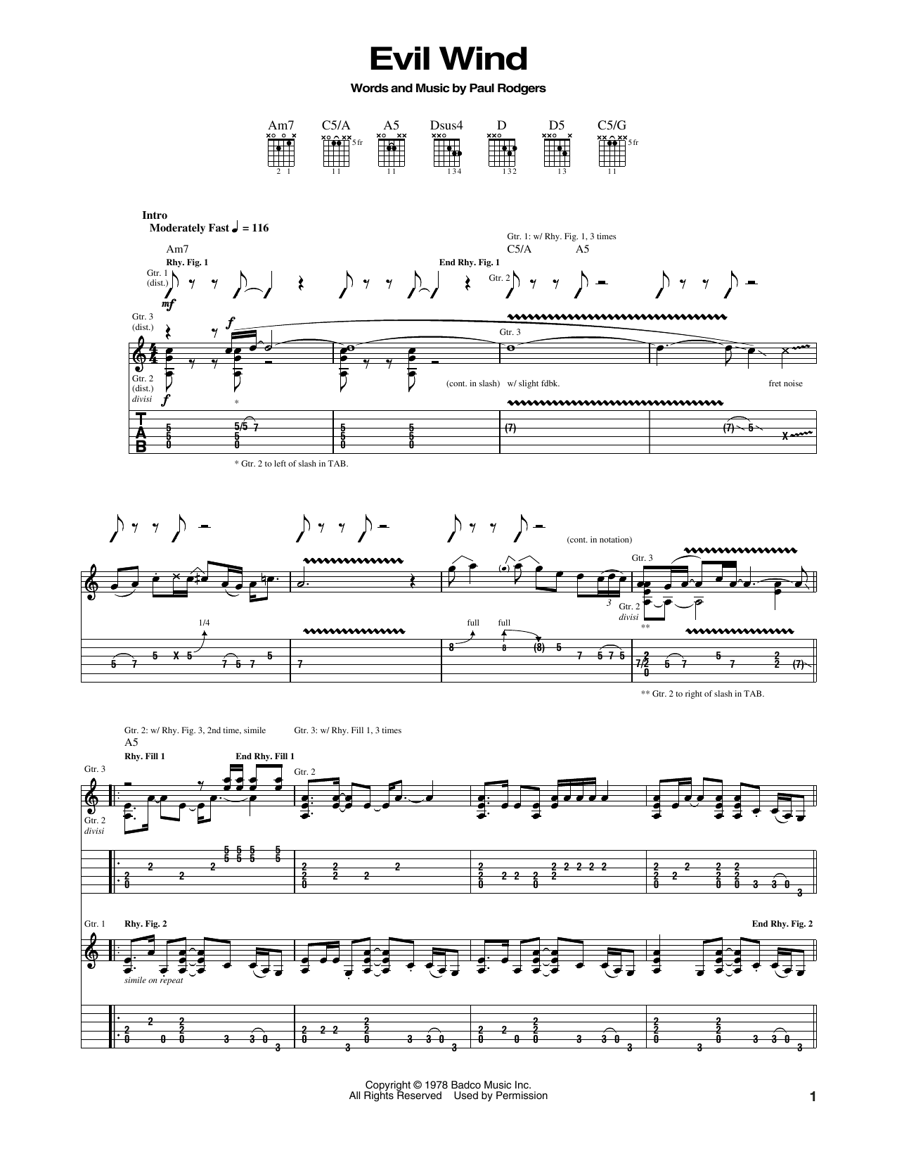 Bad Company Evil Wind Sheet Music Notes & Chords for Guitar Tab - Download or Print PDF