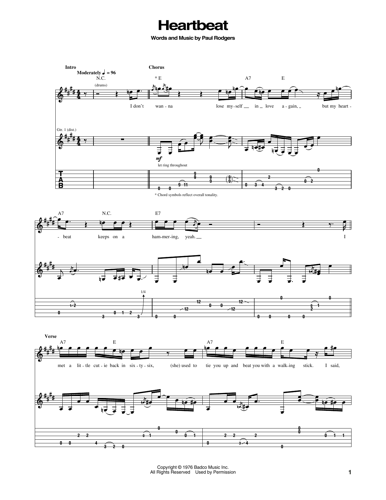 Bad Company Heartbeat Sheet Music Notes & Chords for Guitar Tab - Download or Print PDF