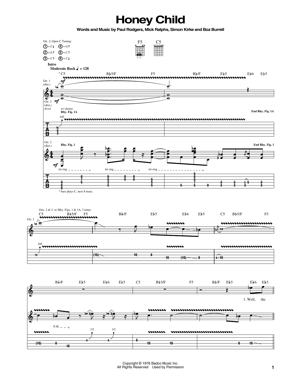 Bad Company Honey Child Sheet Music Notes & Chords for Guitar Tab - Download or Print PDF