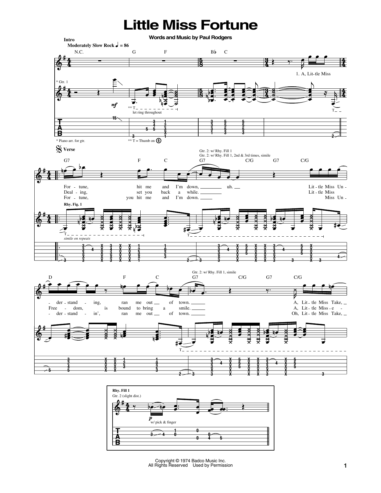 Bad Company Little Miss Fortune Sheet Music Notes & Chords for Guitar Tab - Download or Print PDF