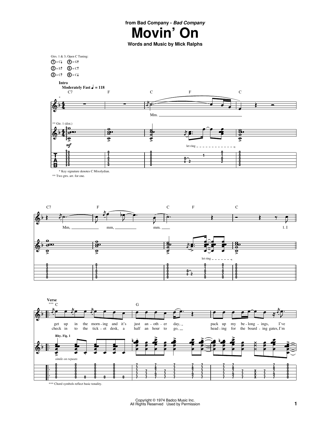 Bad Company Movin' On Sheet Music Notes & Chords for Guitar Tab - Download or Print PDF