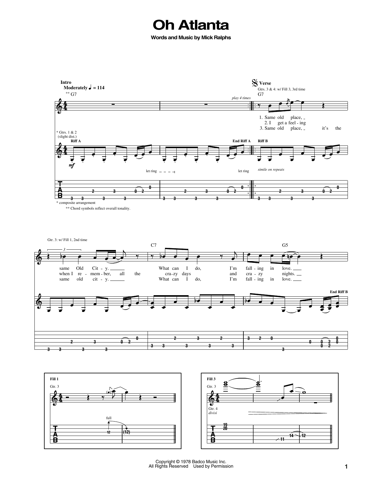 Bad Company Oh Atlanta Sheet Music Notes & Chords for Guitar Tab - Download or Print PDF