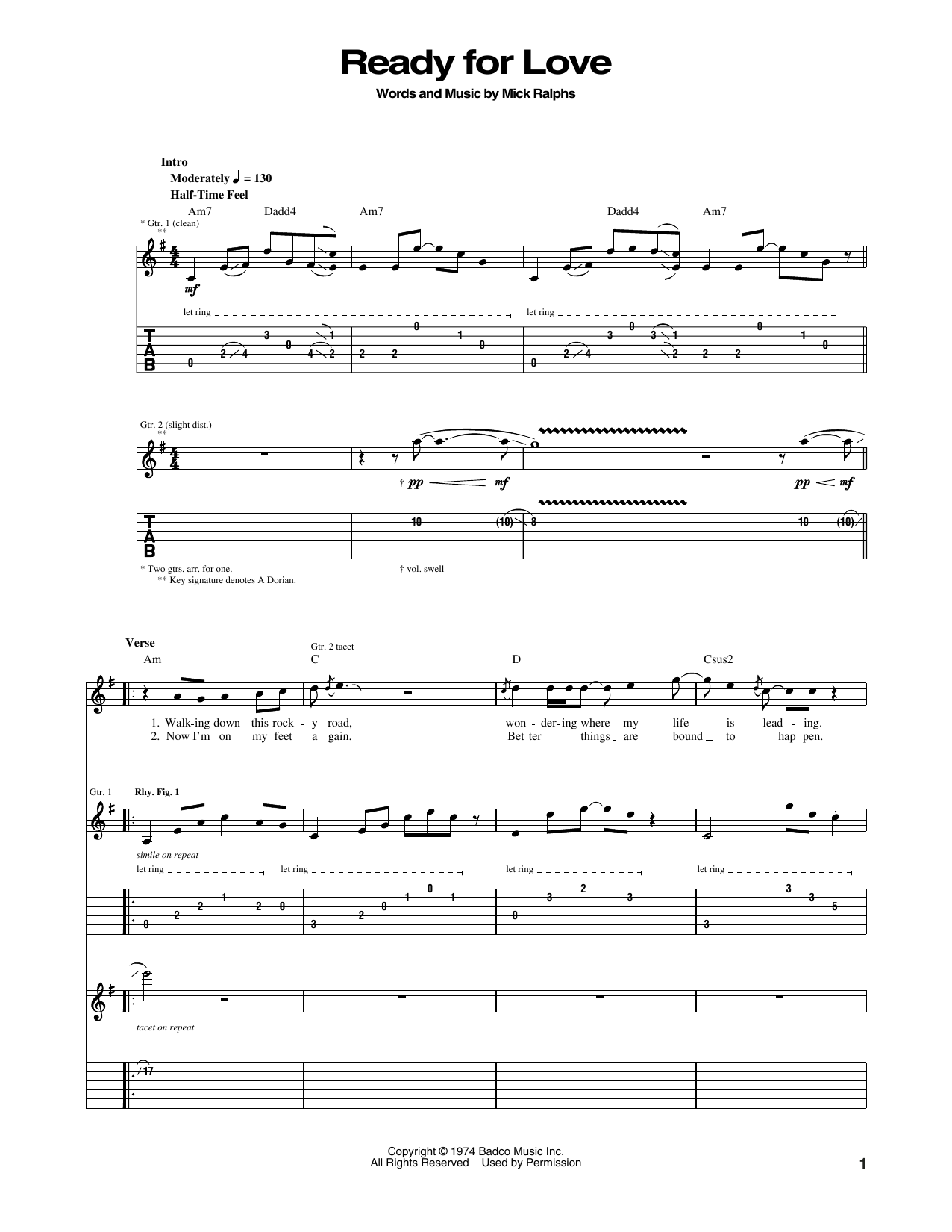 Bad Company Ready For Love Sheet Music Notes & Chords for Guitar Tab - Download or Print PDF