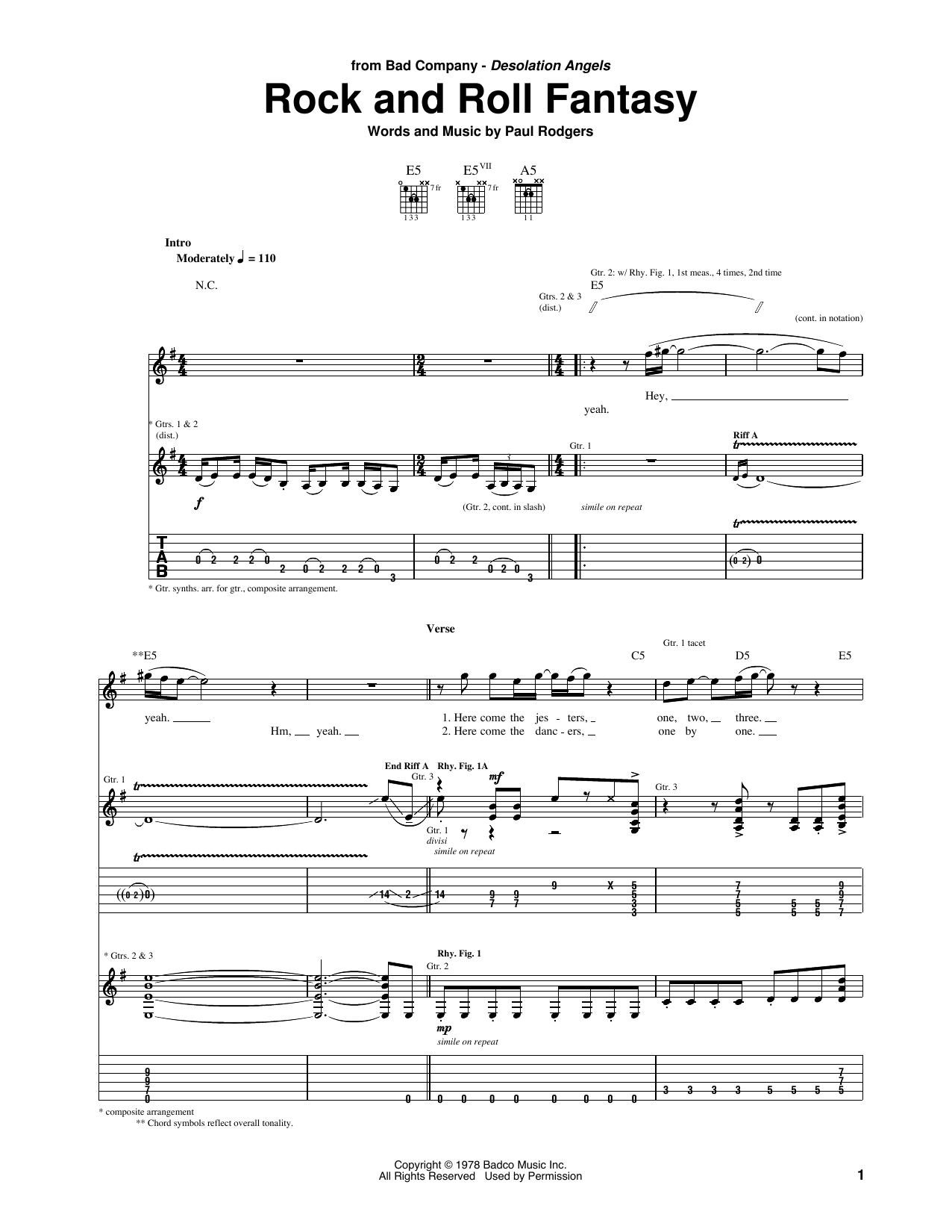 Bad Company Rock And Roll Fantasy Sheet Music Notes & Chords for Guitar Tab - Download or Print PDF