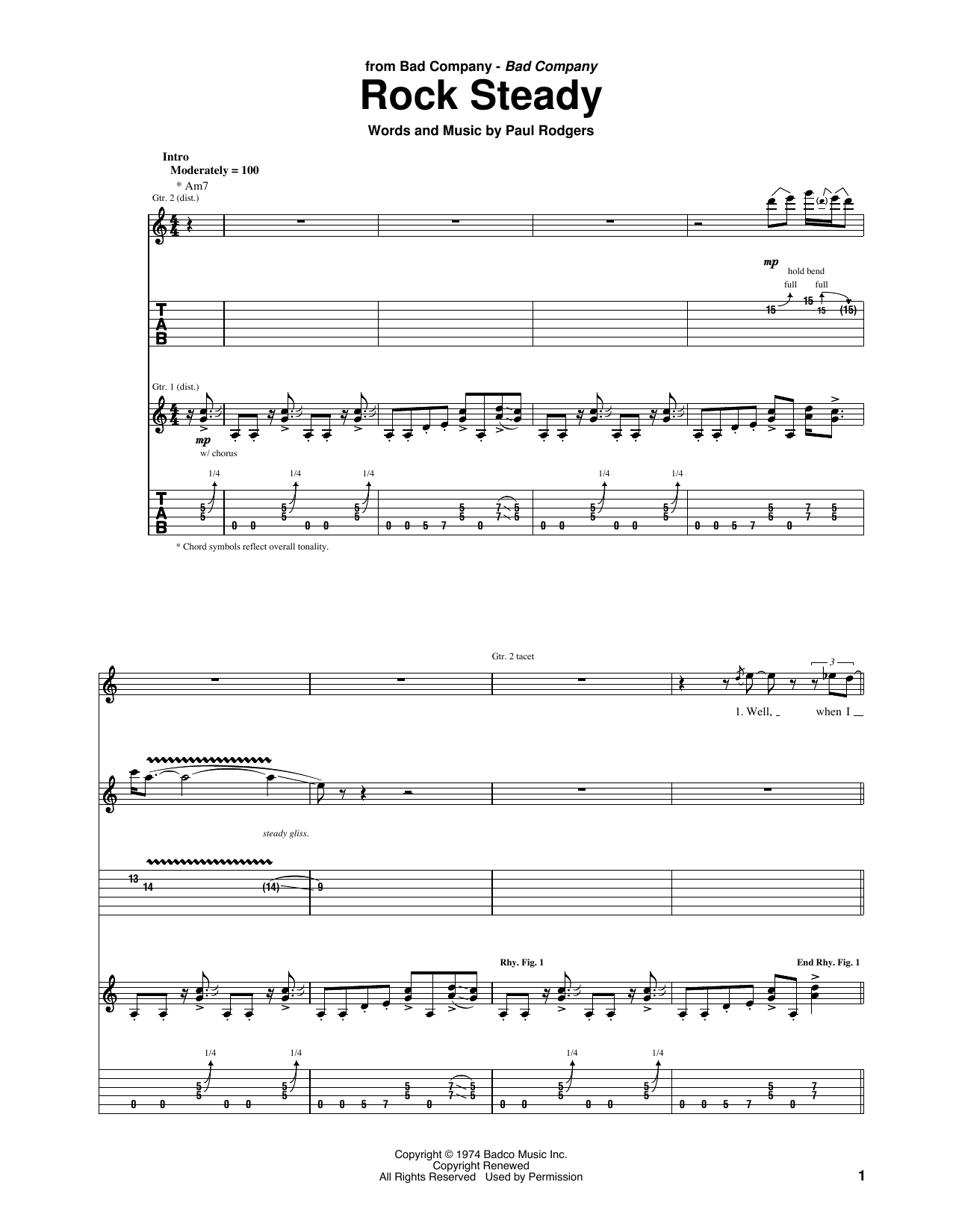 Bad Company Rock Steady Sheet Music Notes & Chords for Guitar Tab - Download or Print PDF
