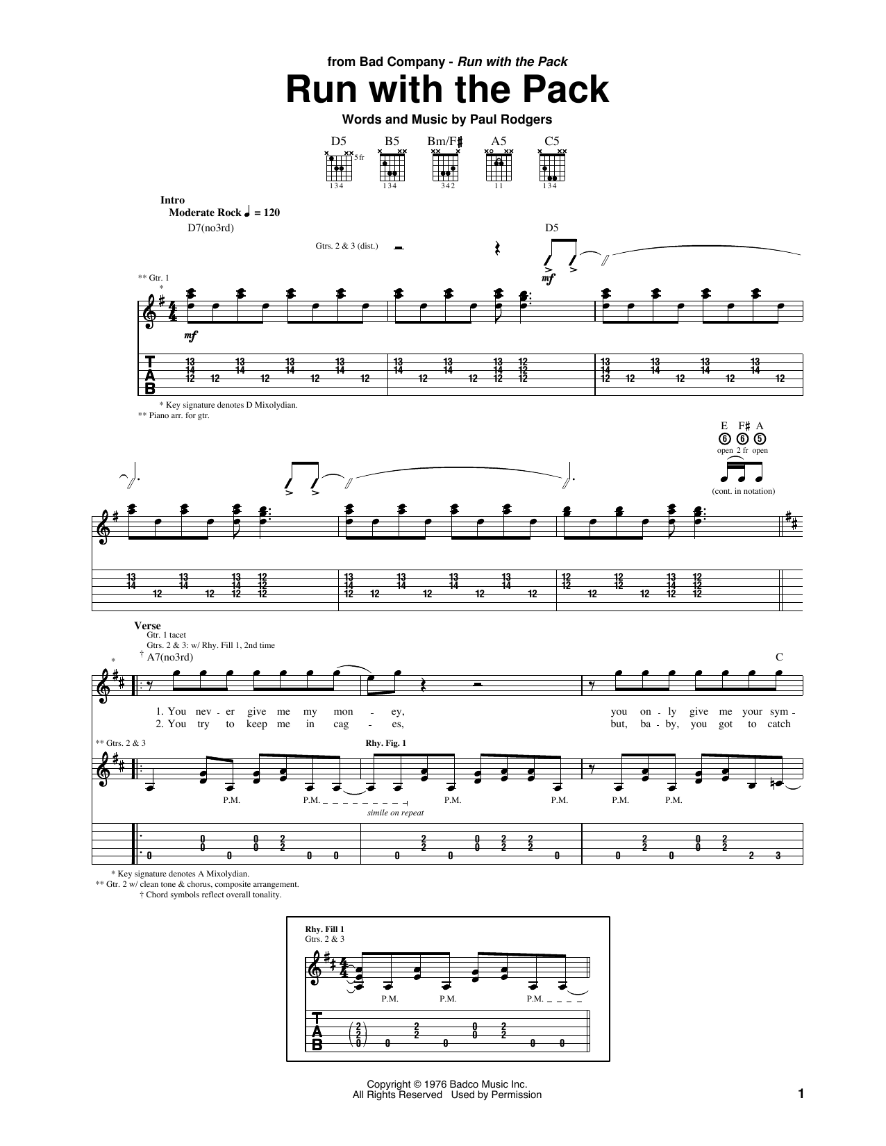 Bad Company Run With The Pack Sheet Music Notes & Chords for Guitar Tab - Download or Print PDF