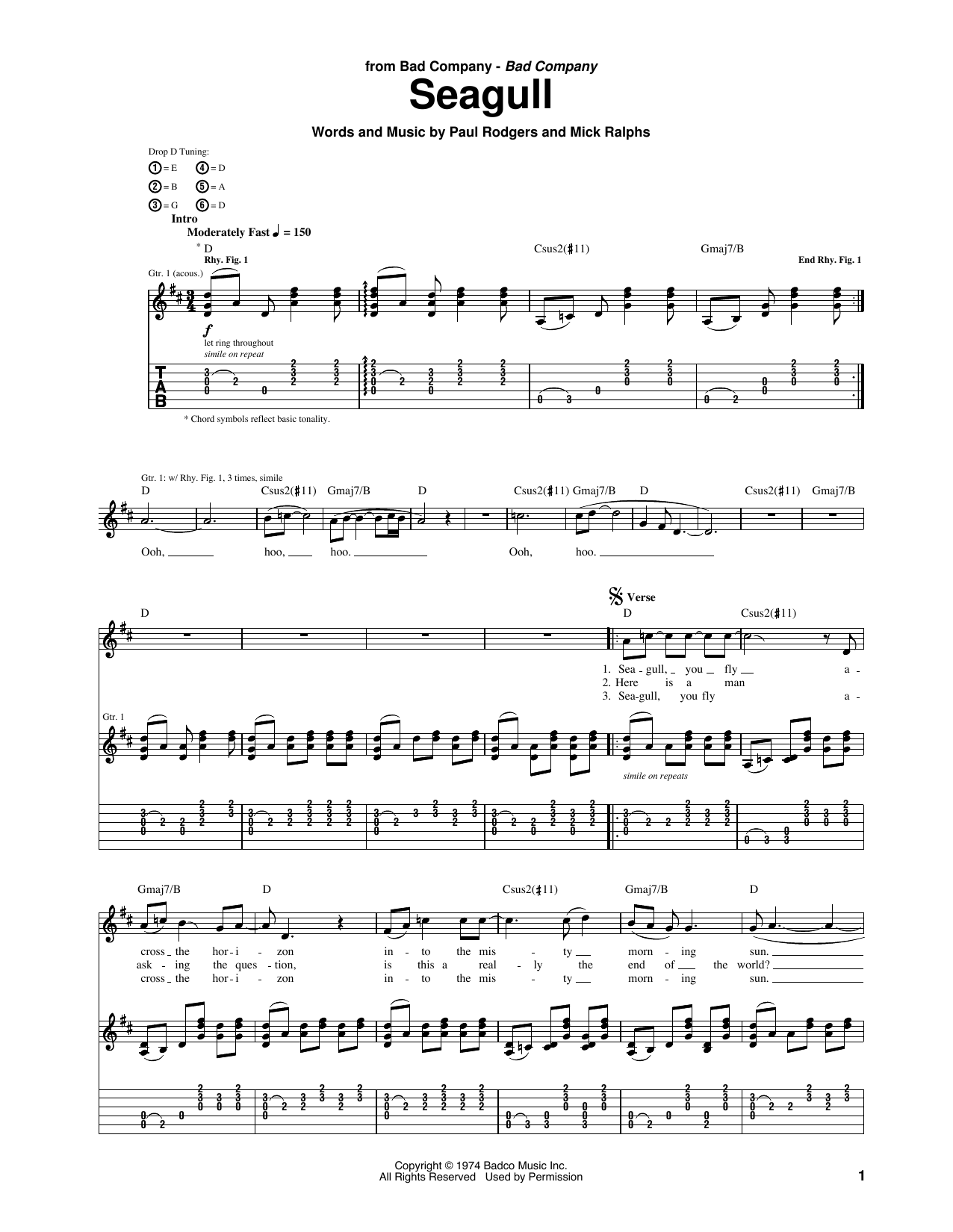 Bad Company Seagull Sheet Music Notes & Chords for Guitar Tab - Download or Print PDF