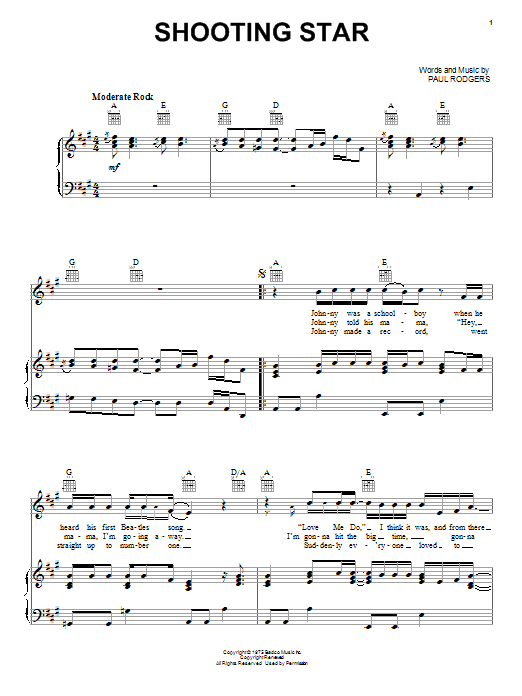 Bad Company Shooting Star Sheet Music Notes & Chords for Piano, Vocal & Guitar (Right-Hand Melody) - Download or Print PDF