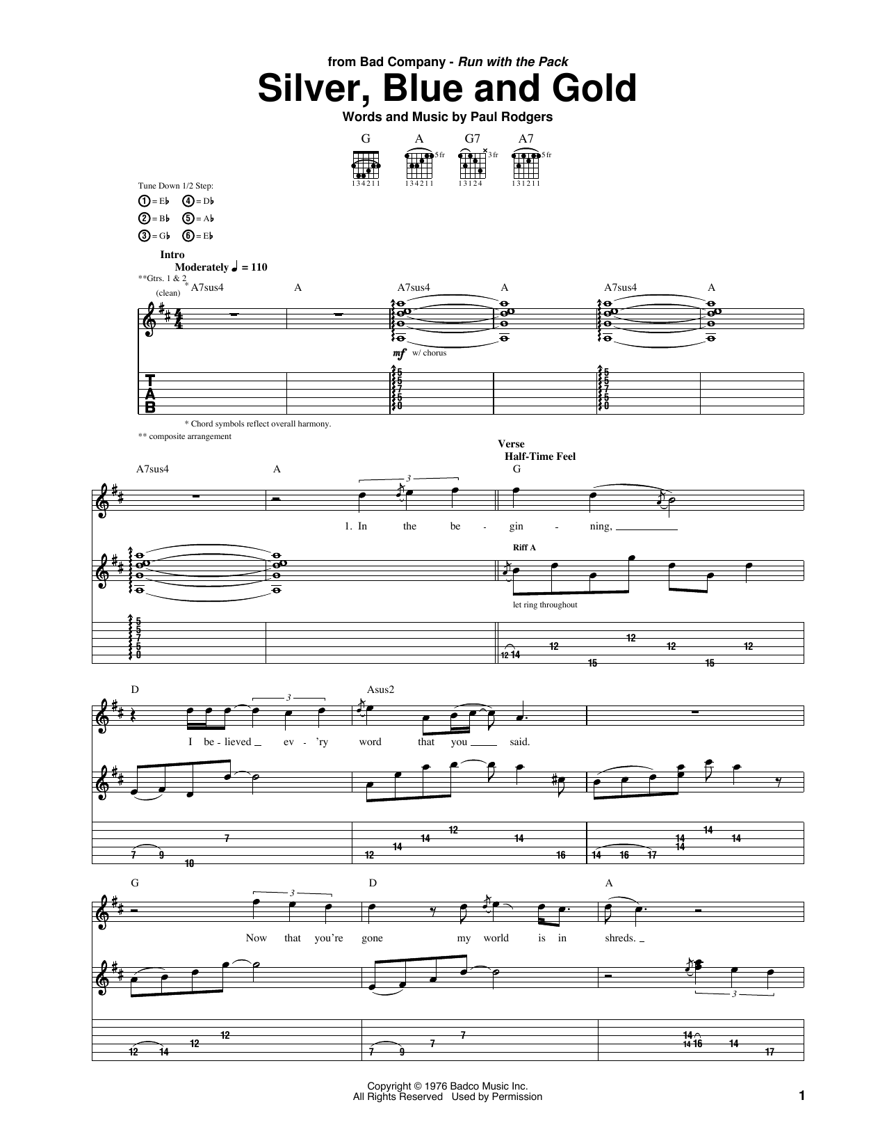 Bad Company Silver, Blue And Gold Sheet Music Notes & Chords for Guitar Tab - Download or Print PDF