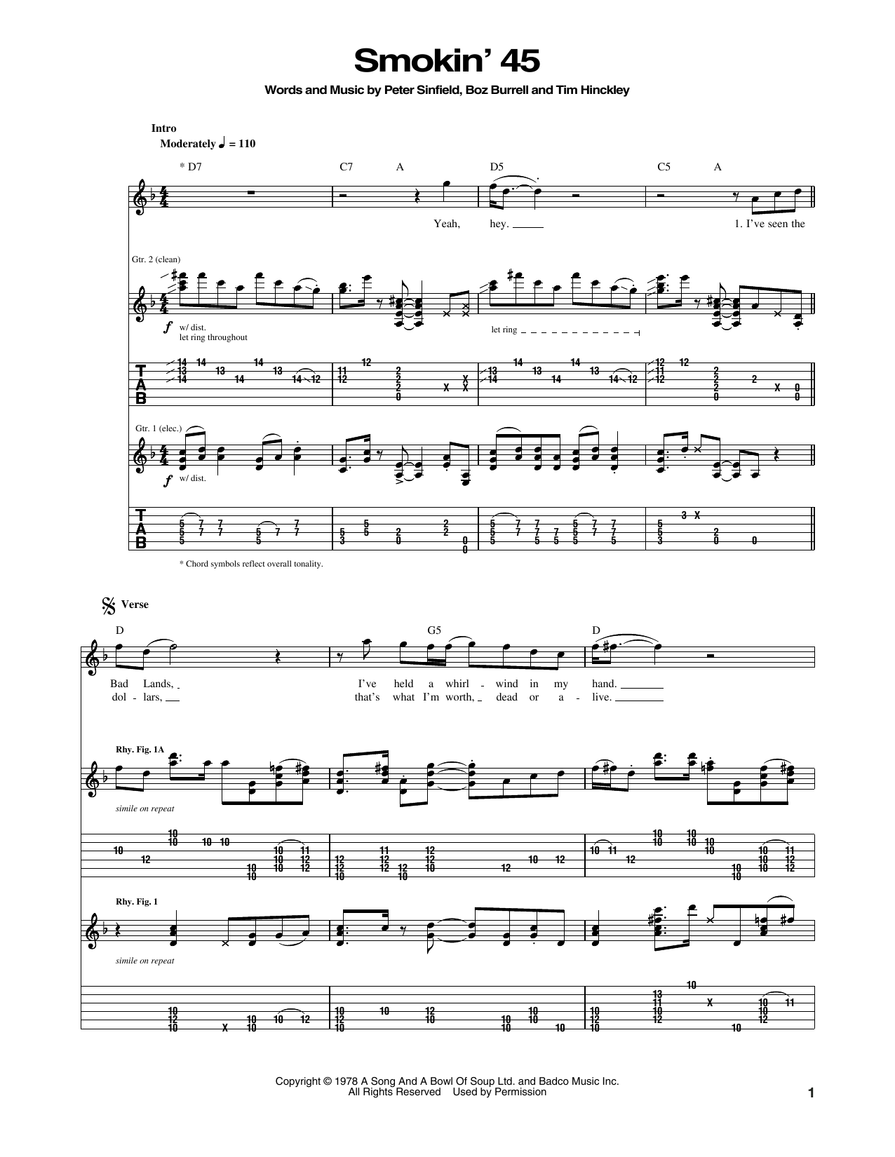 Bad Company Smokin' 45 Sheet Music Notes & Chords for Guitar Tab - Download or Print PDF