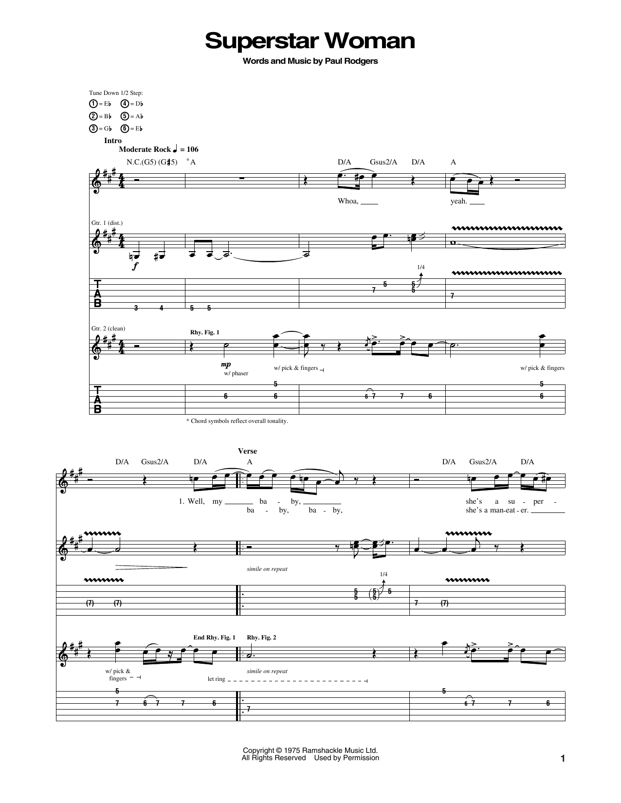 Bad Company Superstar Woman Sheet Music Notes & Chords for Guitar Tab - Download or Print PDF