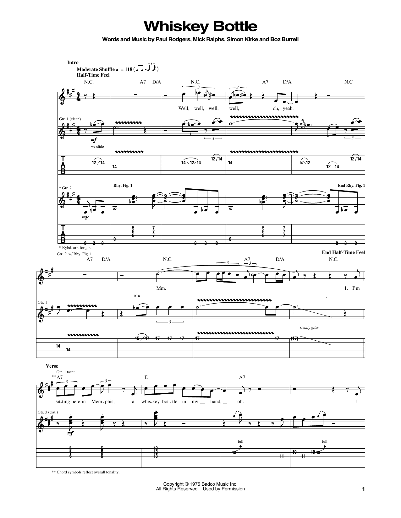 Bad Company Whiskey Bottle Sheet Music Notes & Chords for Guitar Tab - Download or Print PDF