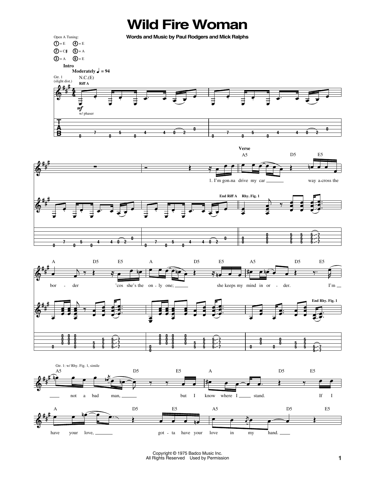 Bad Company Wild Fire Woman Sheet Music Notes & Chords for Guitar Tab - Download or Print PDF