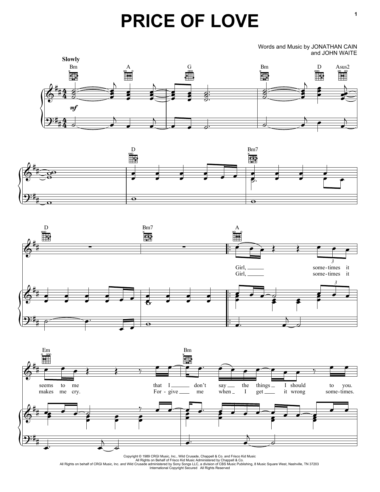 Bad English Price Of Love Sheet Music Notes & Chords for Piano, Vocal & Guitar Chords (Right-Hand Melody) - Download or Print PDF