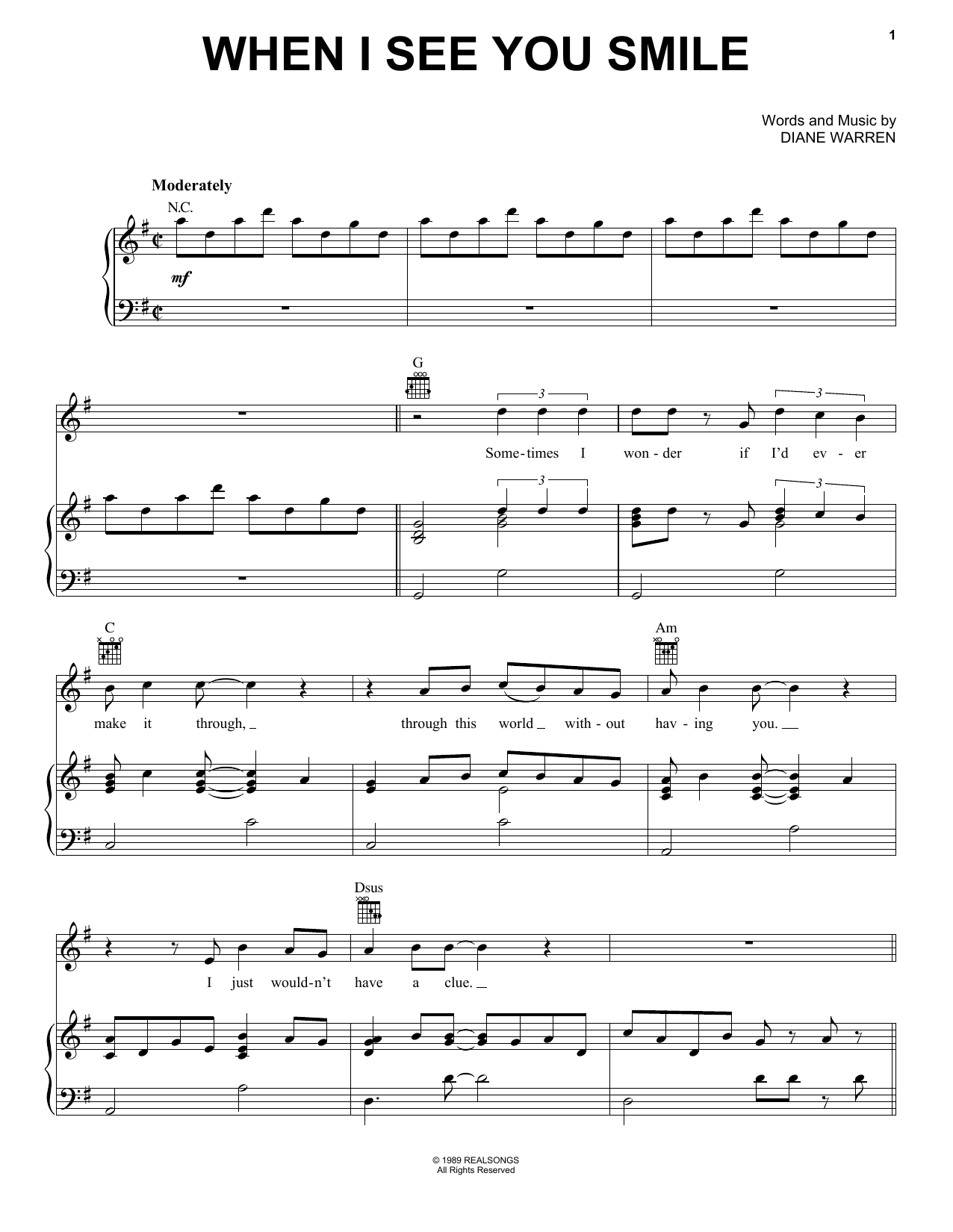Bad English When I See You Smile Sheet Music Notes & Chords for Piano, Vocal & Guitar Chords (Right-Hand Melody) - Download or Print PDF